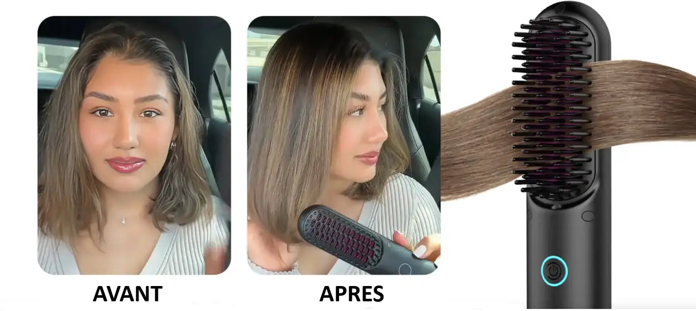 Résultat avant/après du peigne lissant ionique – lissage rapide et anti-frisottis sur cheveux ondulés