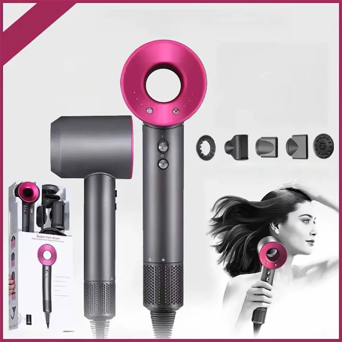 Sèche-cheveux sans pales avec accessoires et exemple d’utilisation